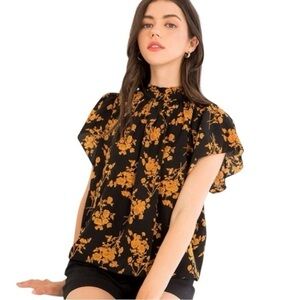 THML Black & Orange Floral high neck blouse size XS